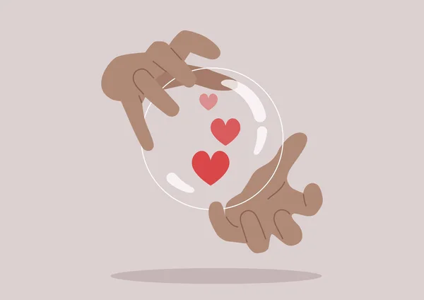 Hands Holding Crystal Magic Ball Love Potion Brewing — Stock Vector