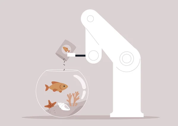 Robot Krmí Zlatou Rybku Plavající Akváriu Korály Mořskými Lasturami Uvnitř — Stockový vektor