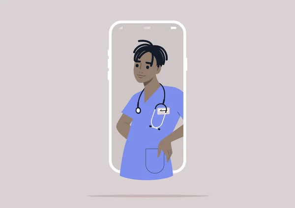 Online Läkarbesök Ung Läkares Porträtt Visas Mobil Skärm — Stock vektor