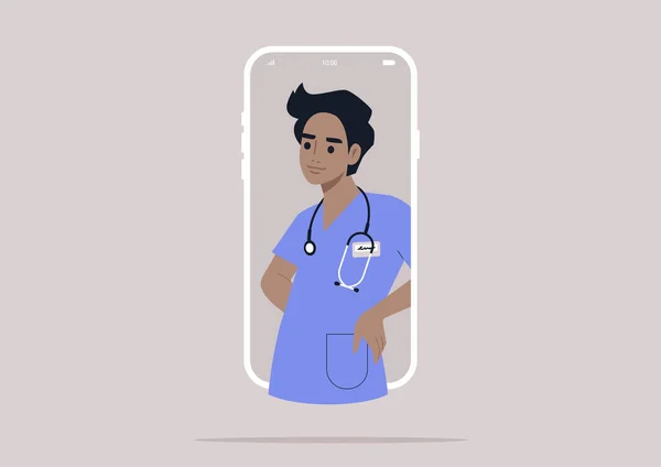 Online Arzttermin Porträt Eines Jungen Arztes Auf Einem Mobilen Bildschirm — Stockvektor