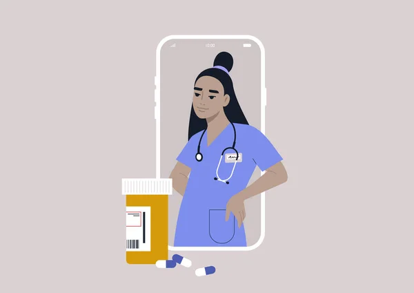Online Ιατρικό Ραντεβού Για Συνταγογραφούμενα Φάρμακα Πορτρέτο Ενός Νεαρού Γιατρού — Διανυσματικό Αρχείο