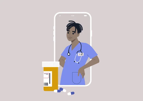 Cita Médica Línea Para Medicamentos Recetados Retrato Médico Joven Que — Vector de stock