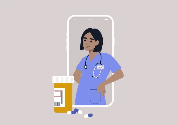 Cita Médica Línea Para Medicamentos Recetados Retrato Médico Joven Que — Vector de stock