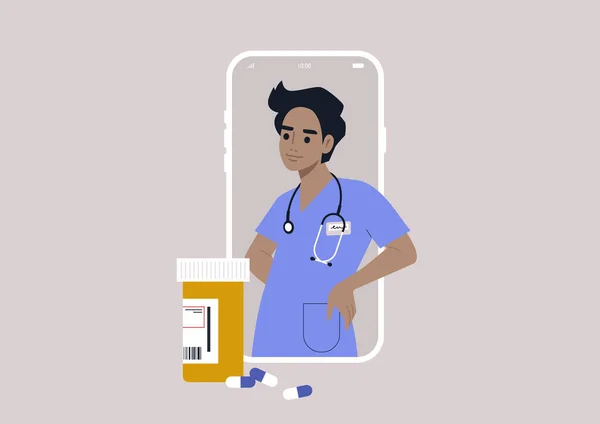 Online Orvosi Időpont Receptre Kapható Gyógyszerekhez Egy Fiatal Orvos Portréja — Stock Vector