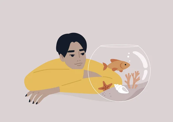 Молодой Азиат Смотрит Золотую Рыбку Плавающую Аквариуме — стоковый вектор