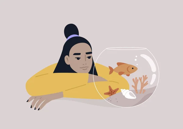 stock vector A young Asian person watching a goldfish swimming in a round water tank