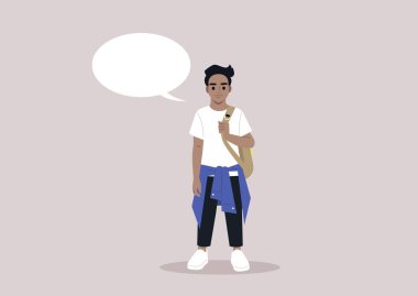 Bir askıda sırt çantası taşıyan bir okul çocuğunun tüm vücut portresi, yanında fotokopi alanı olan bir çizgi roman konuşma balonu.