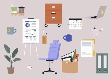 Ayrıntılı bir ofis seti, mobilya ve kırtasiye.