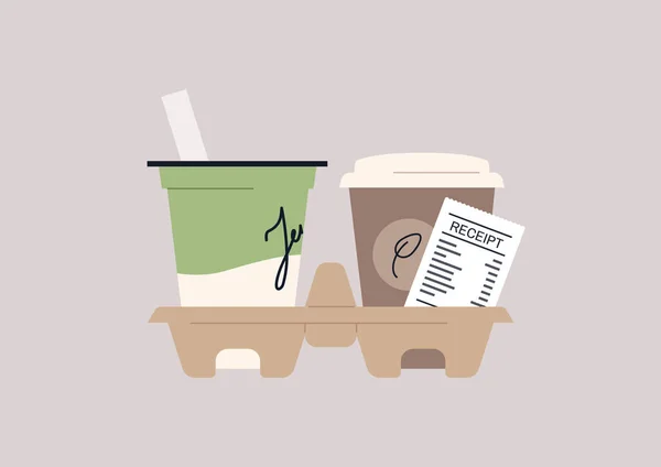 Bevande Consumare Una Scatola Cartone Portabottiglie Usa Getta Cappuccino Caffè — Vettoriale Stock