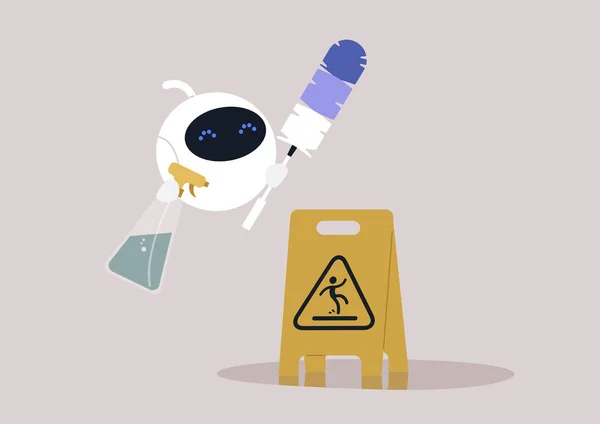 Robô Limpando Apartamento Espanador Penas Detergente Spray Sinal Cautela Amarelo — Vetor de Stock