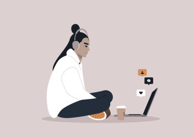 Video konferansı, ev ofisi, bilgisayarlarında uzaktan çalışan büyük kulaklıklı bir karakter, sosyal medya bildirimleri.