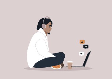 Video konferansı, ev ofisi, bilgisayarlarında uzaktan çalışan büyük kulaklıklı bir karakter, sosyal medya bildirimleri.