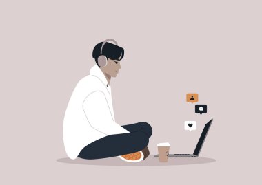 Video konferansı, ev ofisi, bilgisayarlarında uzaktan çalışan büyük kulaklıklı bir karakter, sosyal medya bildirimleri.