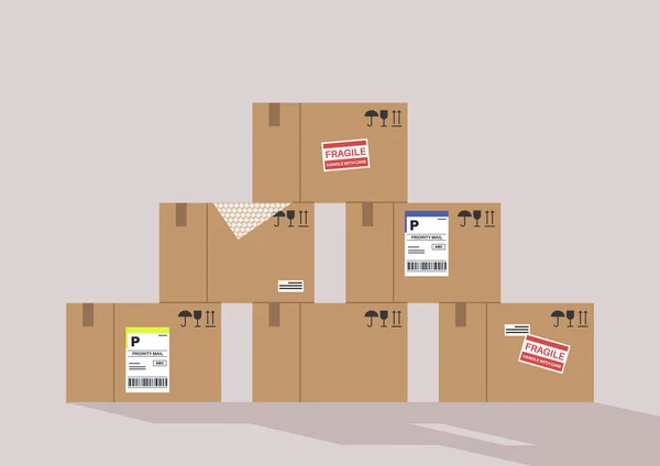 Ein Stapel Kartons Mit Versandfertigen Etiketten Ein Lieferunternehmen — Stockvektor