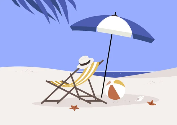Uma Praia Paradisíaca Com Uma Cadeira Praia Feita Madeira Pedaço — Vetor de Stock