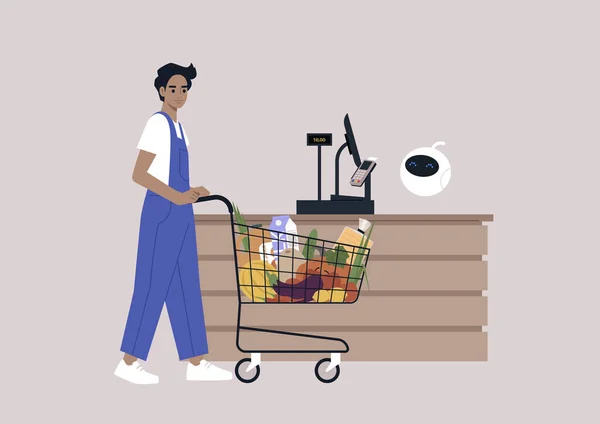 Supermarktkasse Eine Junge Figur Mit Einem Einkaufswagen Der Kasse Der — Stockvektor