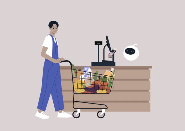 Supermarktkasse Eine Junge Figur Mit Einem Einkaufswagen Der Kasse Der — Stockvektor
