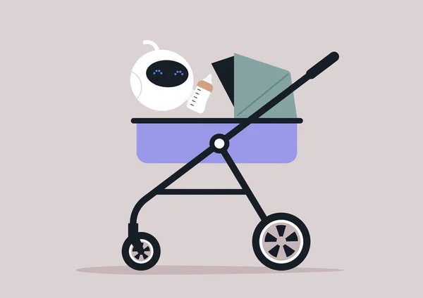 Ένα Χαριτωμένο Λευκό Ρομπότ Babysitting Ένα Νεογέννητο Παιδί Ένα Καρότσι — Διανυσματικό Αρχείο