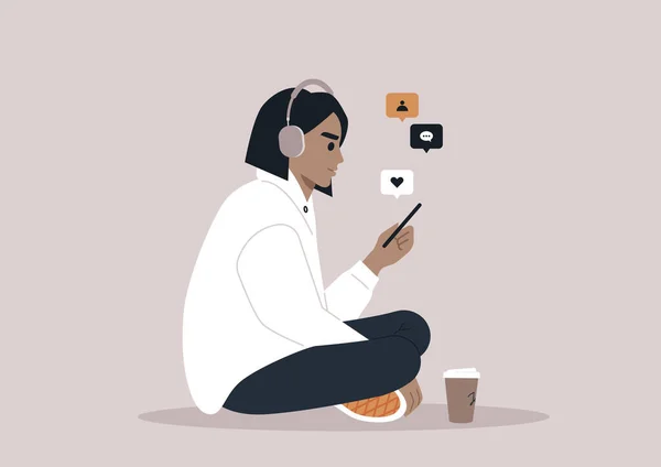 Beyaz Tenli Kambur Genç Bir Karakter Telefonlarında Haber Yayını Yapıyor — Stok Vektör