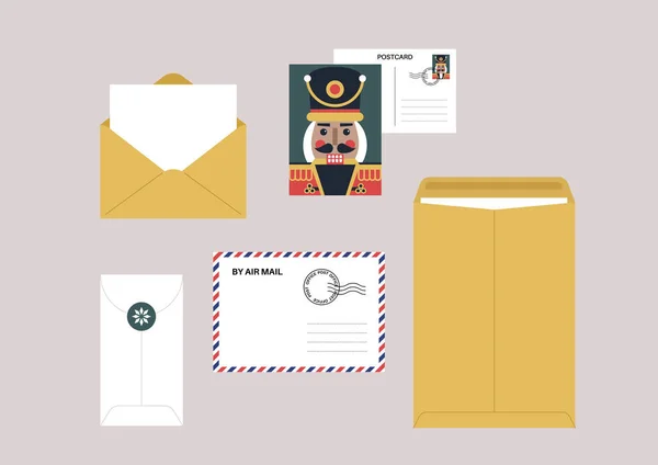 Een Verzameling Van Papieren Correspondentie Formaat Enveloppen Postzegels Ansichtkaart Blanco — Stockvector
