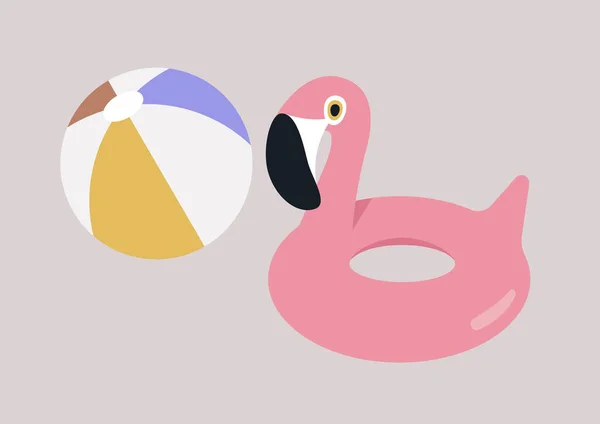 Set Inflatable Beach Accessories Ball Flamingo Lifebuoy — Stock Vector