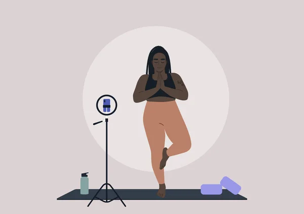 Jeune Personnage Féminin Africain Dans Une Pose Arbre Pratiquant Yoga — Image vectorielle