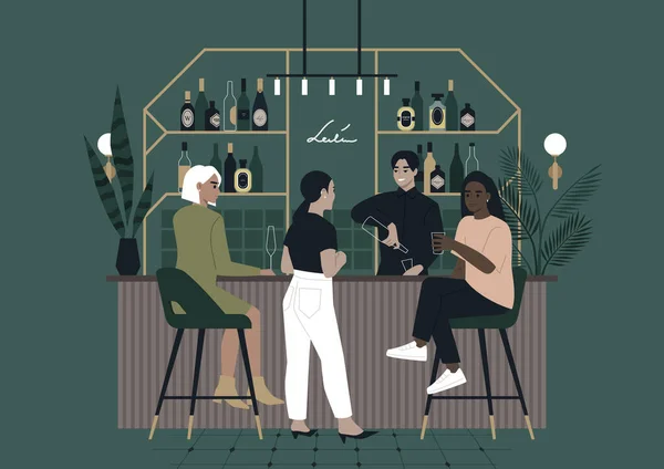 Weinbar Szene Ein Barkeeper Und Drei Kunden Tresen Entspannte Atmosphäre — Stockvektor