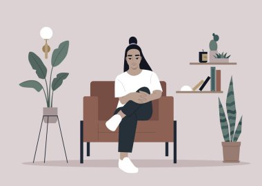 Deri koltukta dinlenen genç bir Asyalı karakter, iki eli dizinde rahat bir poz.