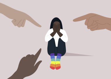 Bir LGBTQ bireyini işaret eden parmaklar, toplum içindeki homofobi sorununu vurguluyor.