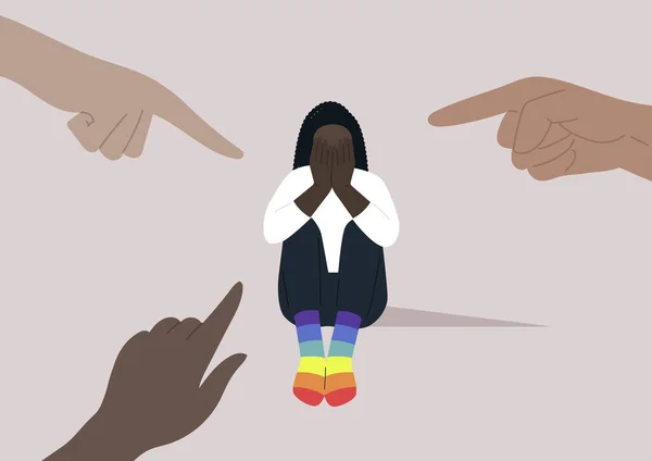 stock vector Fingers pointing at an LGBTQ individual, highlighting the issue of homophobia within a society that is unkind and intolerant