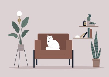 Deri koltukta oturan tüylü beyaz bir kedi, saksı bitkileri ve kitaplıklarla dolu bir hippi iç tasarımı.