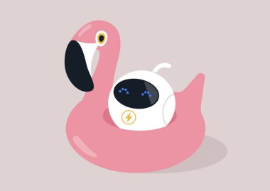 Şişme flamingo üzerinde uzanan sevimli robot, güneş enerjisini emerken neşeli bir güneş banyosu, teknolojinin ve eğlencenin enfes bir birleşimini sergiliyor
