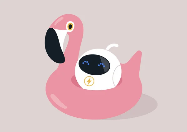 Netter Roboter Der Auf Einem Aufblasbaren Flamingo Schwimmer Liegt Ein — Stockvektor