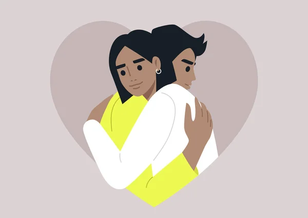 Δύο Χαρακτήρες Ενώνονται Μια Ζεστή Αγκαλιά Πλαισιωμένη Σχήμα Καρδιάς Μια — Διανυσματικό Αρχείο