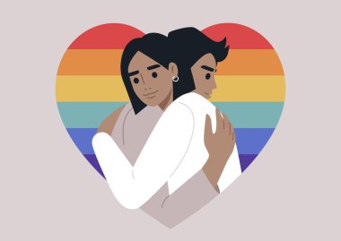 Gökkuşağı renginde kalp şeklinde çerçevelenmiş sıcak bir kucaklaşmada bir araya gelen iki karakter birbirlerine karşı derin bir sevgi ve şefkat gösterirler.