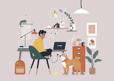 Posterler, bitkiler ve büyüleyici biblolarla donatılmış, rahat ve kişiselleştirilmiş bir atmosfer yaratan uzak bir ofis.