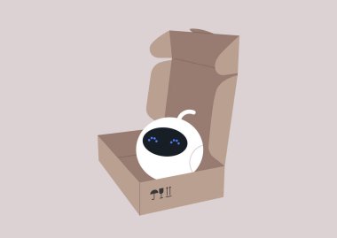 Şirin bir robot paketleri açıyor, teslimat etiketli bir karton kutu.