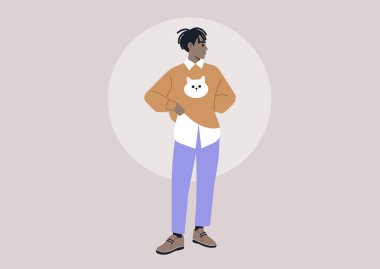 Yumuşak, pastel renkli giyinen, rahat bir genç karakter.