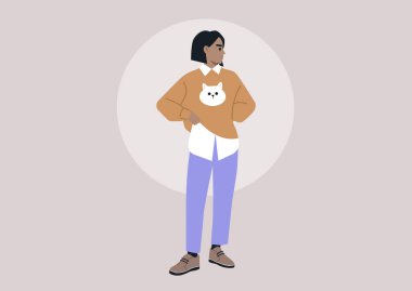 Yumuşak, pastel renkli giyinen, rahat bir genç karakter.