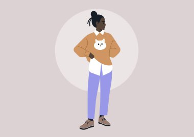 Yumuşak, pastel renkli giyinen, rahat bir genç karakter.