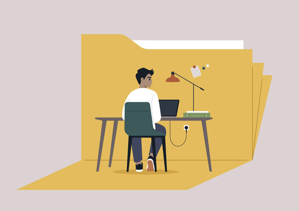 A young character meticulously curating their portfolio, assembling their projects and experiences within a single folder