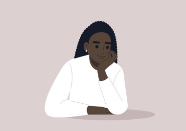 Elleriyle yüzünü destekleyen genç bir karakter, dikkatli bir dinleyici.