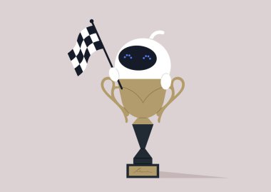 Damalı siyah beyaz bayraklı şirin beyaz robot yarışmanın galibini selamlıyor.