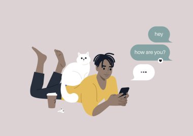 Karnına yaslanan genç bir karakter cep telefonlarının kurye uygulamasını kontrol etmeye kendini kaptırmış, bu arada, bir kedi sırtlarına tünemiş, ilgi istiyor.