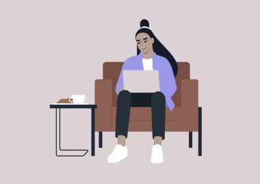 Genç bir milenyum karakteri, dizüstü bilgisayarı ile deri koltukta rahat bir şekilde oturarak online bir iş konuşmasına aktif olarak katılıyor.
