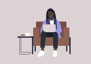 Genç bir milenyum karakteri, dizüstü bilgisayarı ile deri koltukta rahat bir şekilde oturarak online bir iş konuşmasına aktif olarak katılıyor.