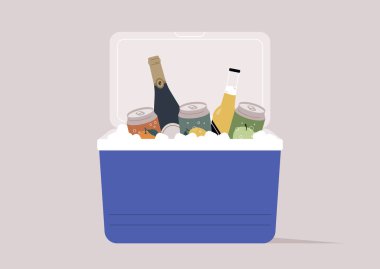Açık hava tutkunlarının susuzluğunu gidermeye hazır bir piknik soğutucusunun ağzına kadar soğuk içecekler konserveler, bira ve şarap da dahil olmak üzere çeşitli içeceklerle dolu.
