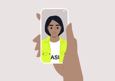 Bir karakterin portresini gösteren cep telefonu tutan bir el yapımı bir özçekim kavramı.