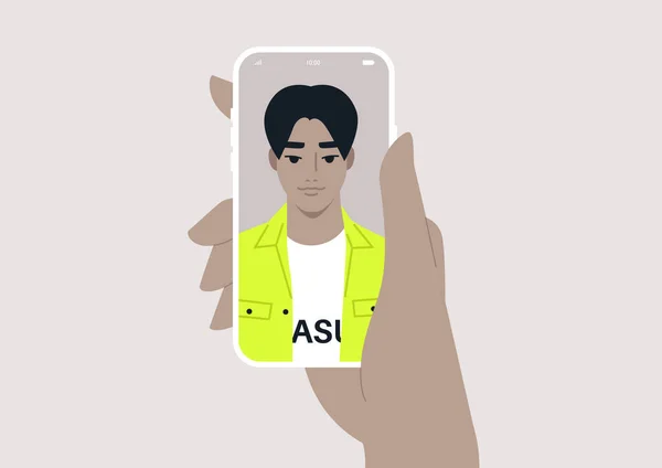 Koncepcja Selfie Ręką Trzymającą Telefon Komórkowy Wyświetlającą Portret Postaci — Wektor stockowy