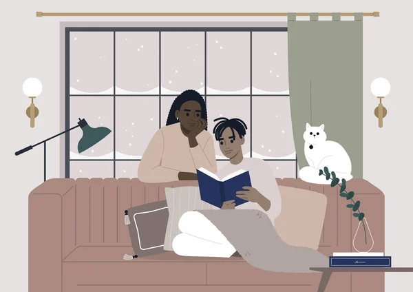 Warm Inviting Winter Interior Envelops Couple Its Embrace Enjoy Book — Stock Vector